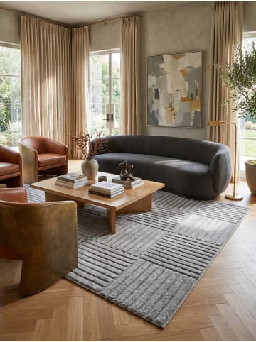 KADIMA DESIGN Hochflorteppich 3D Bögen Boho Waschbar Wohnzimmer in Silber
