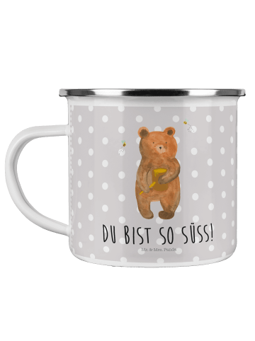 Mr. & Mrs. Panda Camping Emaille Tasse Bär Honig mit Spruch in Grau Pastell