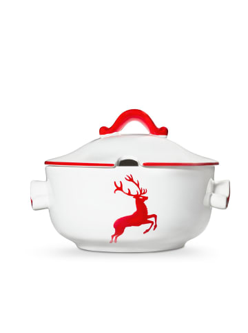 Gmundner Keramik Rubinroter Hirsch Suppentopf in Weiß