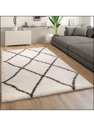 KADIMA DESIGN Hochflor Teppich Shaggy Rautenmuster Schlafzimmer schmutzabweisend in Creme