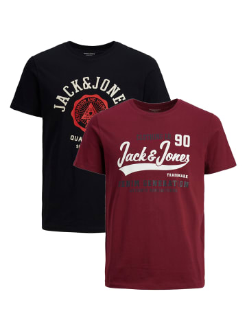 Jack & Jones 2-er Stück Pack Logo T-Shirts Rundhals Shirt JJELOGO in Schwarz-Rot