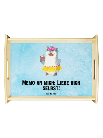 Mr. & Mrs. Panda Servierplatte Holz Pinguin Kokosnuss mit Spruch in Eisblau