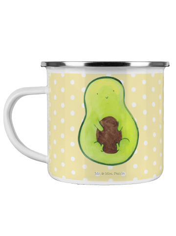 Mr. & Mrs. Panda Camping Emaille Tasse Avocado Kern ohne Spruch in Gelb Pastell