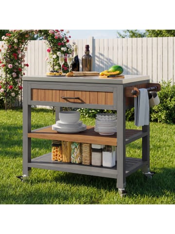ABRIHOME Gartenschrank in Braun mit Rädern Edelstahlplatte Schublade Handtuchhalter