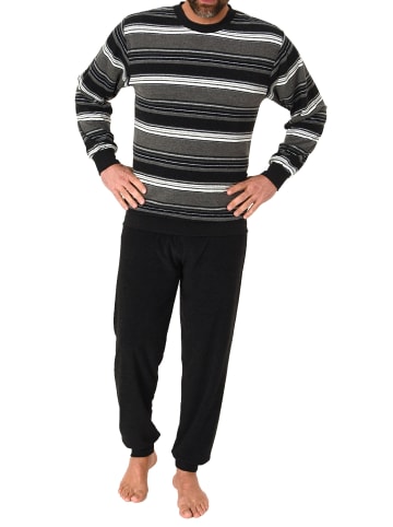 NORMANN Frottee Schlafanzug lang Bündchen Streifen - 81371 in dunkelgrau