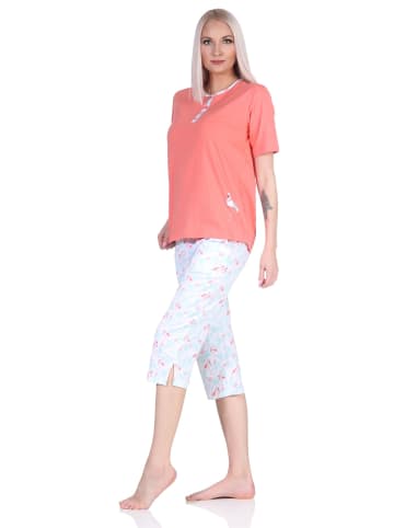 NORMANN r Capri kurzarm Schlafanzug Pyjama Flamingo und Knopfleiste am Hals in apricot