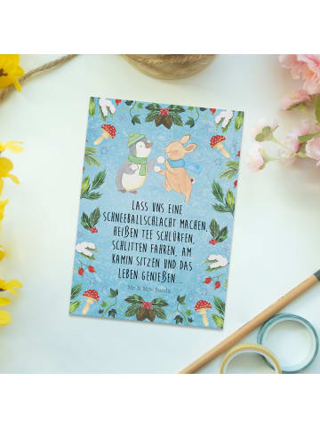 Mr. & Mrs. Panda Grußkarte Pinguin Hase Schneeballschlacht mit S... in Eisblau