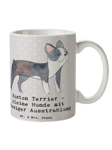 Mr. & Mrs. Panda Kaffeebecher Boston Terrier mit Spruch in Grau Pastell