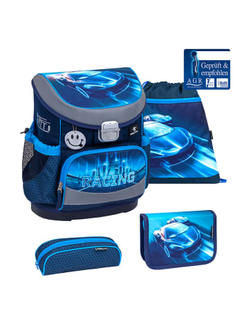 Belmil 4tlg-Set: Schulranzen Racing Blue Neon  in blau – (H)36 x (B) 28 x (T) 17 cm