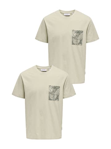 Only&Sons 2er-SET Rundhals T-Shirt mit Brust-Tasche Tropical Print in Hellgrün