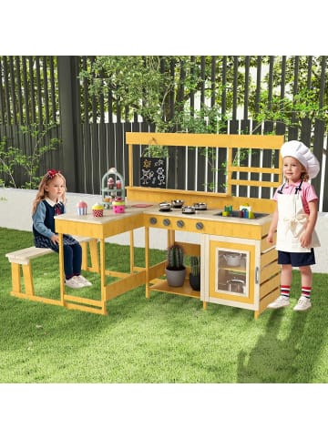 COSTWAY Matschküche mit Picknicktisch & Bank in Gelb