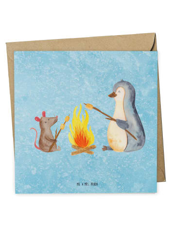 Mr. & Mrs. Panda Glückwunschkarte Pinguin Lagerfeuer ohne Spruch in Eisblau