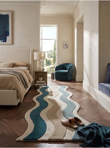 KADIMA DESIGN Teppich Wolle für Fußbodenheizung MONNOW retro Wohnzimmer in Natur-Blau