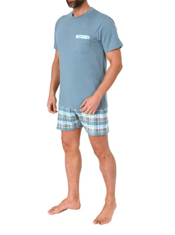 NORMANN Schlafanzug kurzarm Shorty mit karierter Jersey Hose in blau