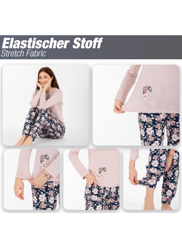 LOREZA Schlafanzug Pyjama langarm- Blumen - Bunt