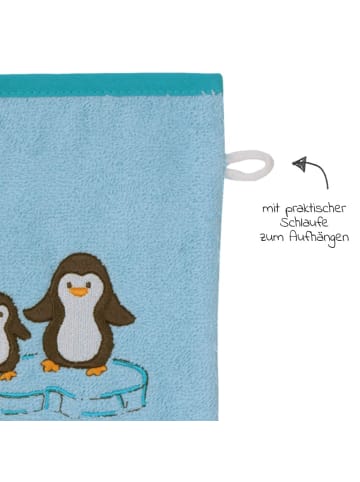 Wörner Waschhandschuh - Stickerei Pinguine - Eisblau in blau,motiv