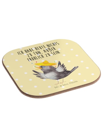 Mr. & Mrs. Panda Holzuntersetzer Rabe Sombrero mit Spruch in Gelb Pastell