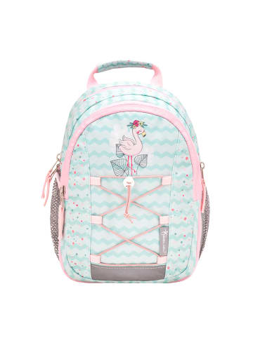 Belmil Kindergartenrucksack "Mini Kiddy Little Flamingo" in blau, Brustgurt, Namensschild, H 23 cm L 20 cm T 9 + 6 cm