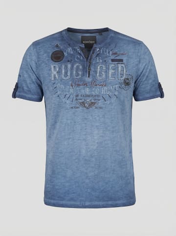 KOROSHI Henley cotton print-emb washed t-shirt in blau