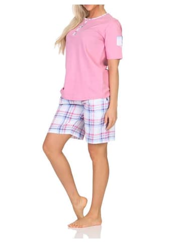 NORMANN Schlafanzug kurzarm Pyjama Shorty karierte Jersey Hose - 85271 in rosa