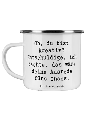 Mr. & Mrs. Panda Camping Emaille Tasse Spruch Kreatives Chaos mi... in Weiß