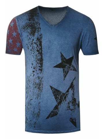 Rusty Neal USA T-Shirt Stars and Stripes V-Neck im Used-Look in Indigo