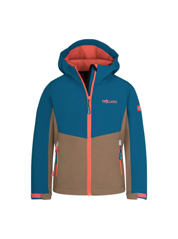 Trollkids Softhsell Jacke "Kristiansand" in Atlantisblau/Mokkabraun/Papayaorange