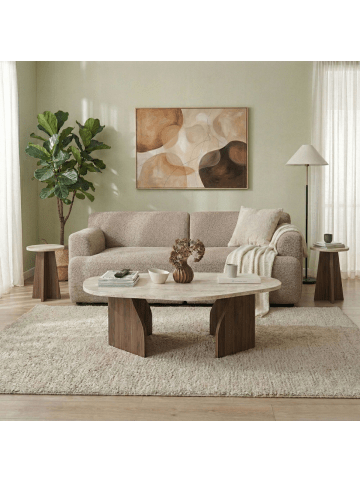 CALICOSY Couchtisch ROCK in Walnuss / Travertin - (W) 100 x (H) 35 x (L) 60 cm