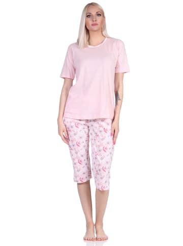 NORMANN Pyjama Schlafanzug kurzarm CapriHose und Spitze in rosa