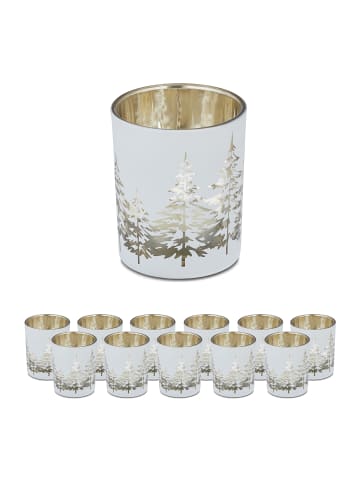 relaxdays 12 x Teelichthalter "Tannenbaum" in Weiß/ Gold