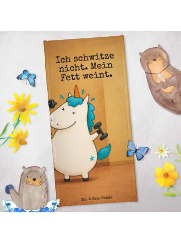 Mr. & Mrs. Panda Strandtuch Einhorn Fitness Design mit Spruch in Weiß