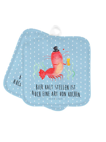 Mr. & Mrs. Panda Topfhandschuhe Hummer Weizen mit Spruch in Blau Pastell