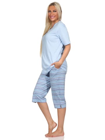 NORMANN Kurzarm Capri Schlafanzug Pyjama Ethnolook in blau