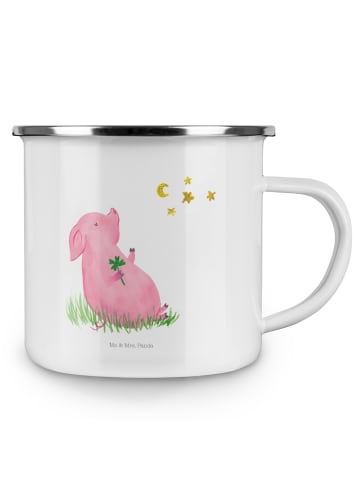 Mr. & Mrs. Panda Camping Emaille Tasse Schwein Glück ohne Spruch in Weiß