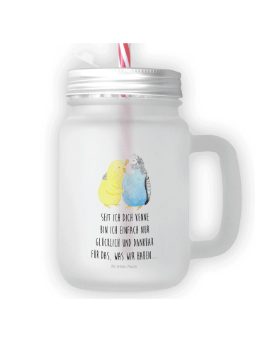 Mr. & Mrs. Panda Trinkglas Mason Jar Wellensittich Liebe mit Spruch in Transparent