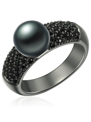 Valero Pearls Ring Sterling Silber schwarz Süßwasser-Zuchtperle pfauenblau Zirkonia schwarz in schwarz