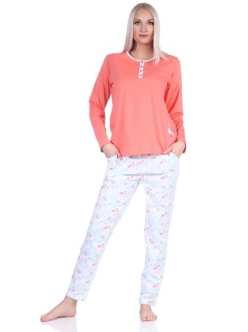 NORMANN Schlafanzug langarm Pyjama Flamingo und Knopfleiste am Hals in apricot