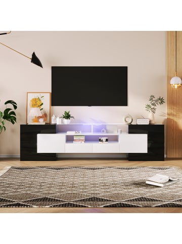 ABRIHOME TV-Schrank in Hochglanz Weiß & Schwarz mit Glasoberfläche – 200 x 35 x 60 cm