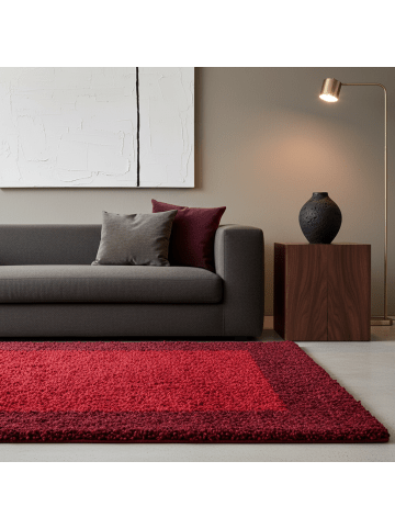 KADIMA DESIGN Teppich Hochflor Shaggy Waschbar Bordüre RHEIN Strapazierfähig in Rot