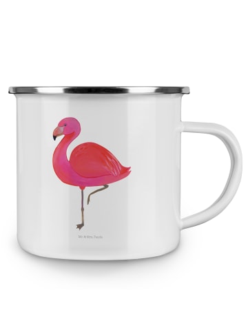 Mr. & Mrs. Panda Camping Emaille Tasse Flamingo Classic ohne Spruch in Weiß