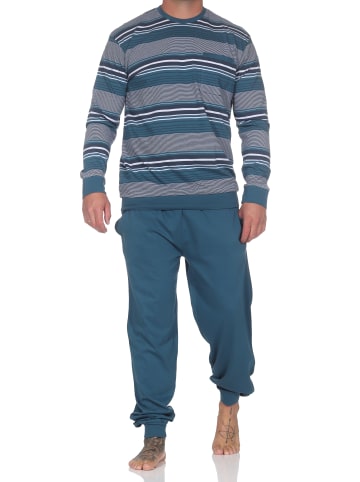 NORMANN Langarm Schlafanzug Pyjama Bündchen Streifen in blau