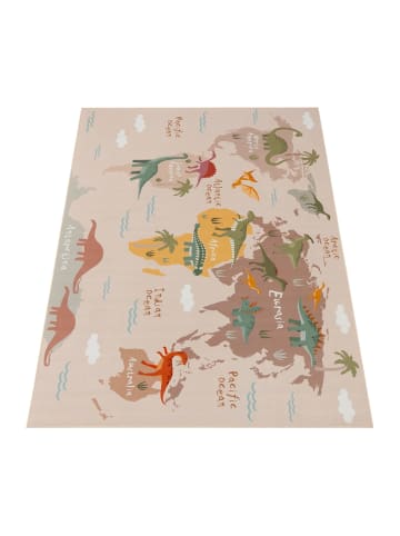 KADIMA DESIGN Kinderteppich waschmaschinenwaschbar Dinosaurier‑Weltkarten Kinder in Beige