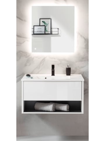 Furn.Design Badmöbel-Set weiß Hochglanz, grau 80 cm, Badezimmerschränke mit Waschbecken