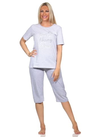 NORMANN Kurzarm Schlafanzug Pyjama Bündchen Streifen in grau