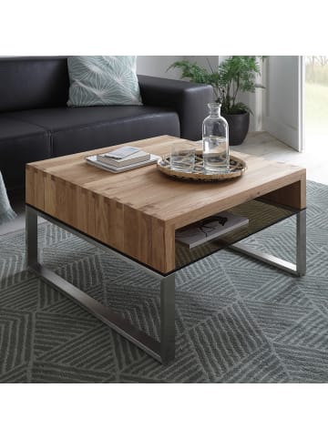 home24 home24 Couchtisch aus Glas, Metall und Massivholz in Eiche / Silber - 116 x 44 x 87 cm in Braun