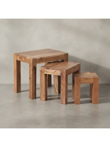 KADIMA DESIGN Holz Satztisch Set "NAKO", 3-teilig, im Landhaus-Stil, platzsparend in Beige