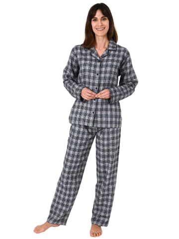 NORMANN Flanell Pyjama Schlafanzug langarm kariert in grau