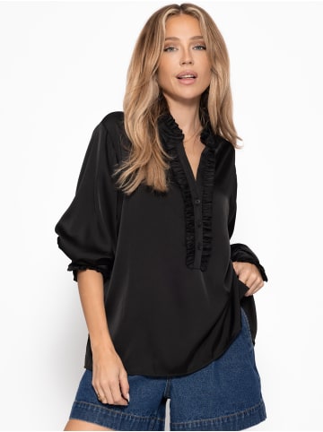SASSYCLASSY Satinbluse mit Rüschen in Schwarz