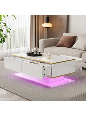 ABRIHOME Weißes LED-Couchtisch in Hochglanz mit Golddekor, Schubladen und offenem Fach
