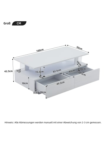 ABRIHOME Weißer LED-Couchtisch mit Stauraum,(B)100x(H)42x(T)50 cm